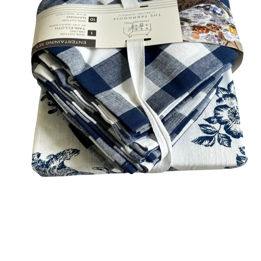 11pc Farmhouse Easter Bunny Tablecloth 60x120 Gingham Napkin Set Blue White NEW